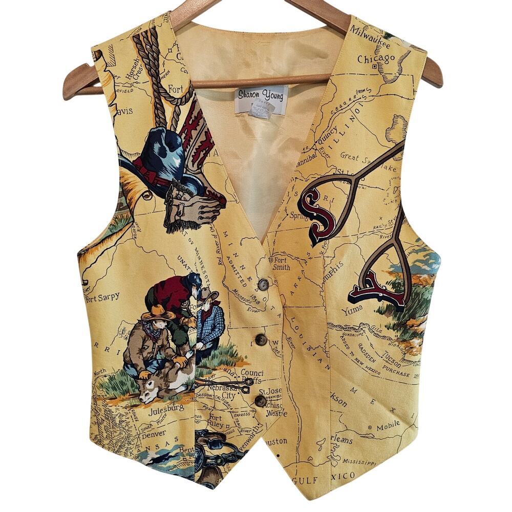 Vintage Sharon Young Vest Womens Sm Yellow Western Cowboy Country Ponderosa 90s